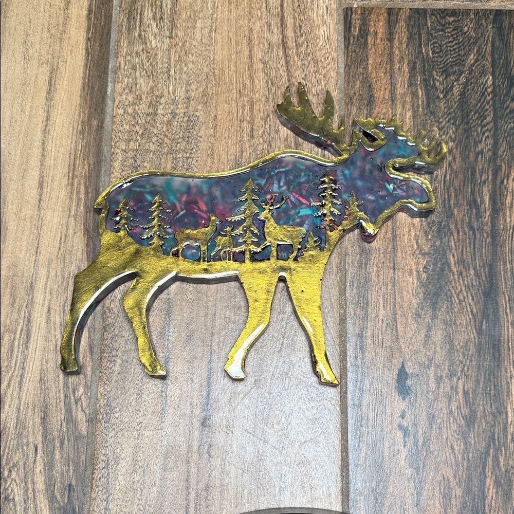 Gold Moose Art figurine with Colorful Inlay